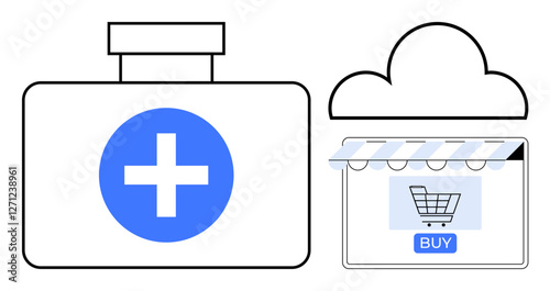 First aid kit with blue cross, digital storefront with Buy button, cloud icon above. Ideal for e-commerce, online pharmacy, digital health services, telemedicine, cloud-based solutions, medical