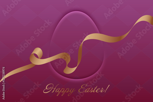 Happy Easter. Golden ribbon on purple background, festive greeting card, Christian holiday, resurrection, faith, blessing, spring celebration, church tradition, renewal, prayer, spiritual joy.