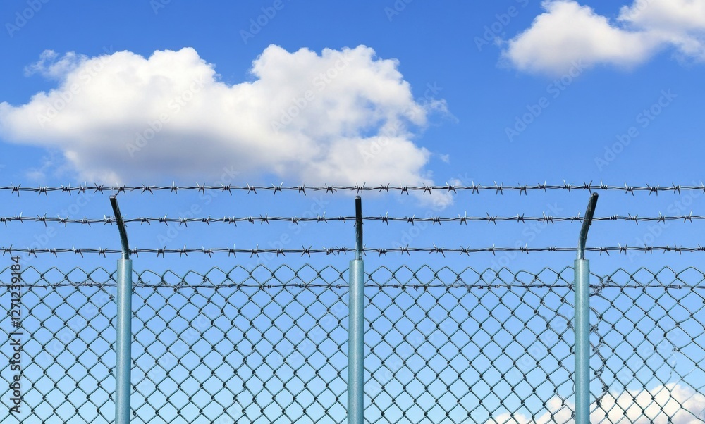 Barbed wire fence under a blue sky with clouds