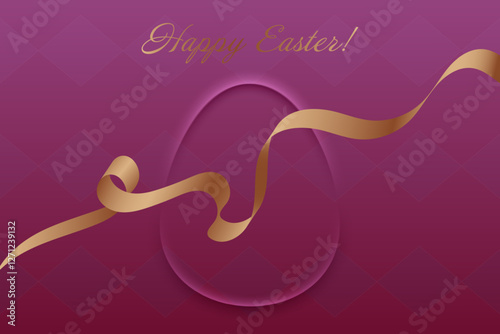 Christian Holiday. Easter greeting card, golden ribbon, warm purple background, religious tradition, resurrection of Christ, faith, spiritual awakening, church celebration, peace, devotion.