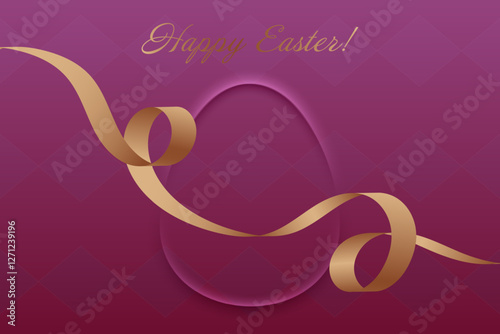 Easter Greetings. Elegant purple Easter design, golden ribbon, holy tradition, resurrection, faith, blessings, spiritual harmony, Christian beliefs, peace, sacred celebration, devotion.