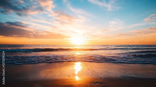 Stunning sunset over the ocean with vivid colors reflecting on the water : Generative AI