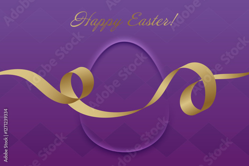 Easter Celebration. Elegant Easter greeting, golden ribbon, royal purple tones, sacred holiday, Christs resurrection, faith, church tradition, blessing, devotion, spring joy, spiritual warmth.