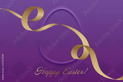 Joyful Easter. Festive greeting, golden ribbon on deep purple background, Christian holiday, resurrection, faith, prayer, renewal, divine blessing, church, devotion, holy celebration.