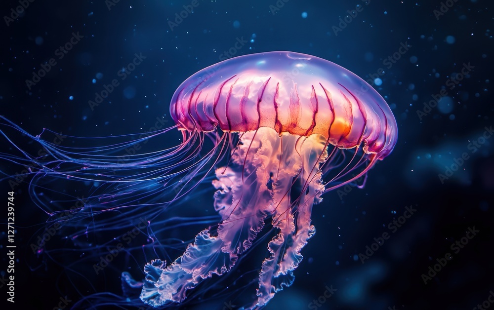 A jellyfish with neon colors against a dark sea background A jellyfish with neon colors against a dark sea background