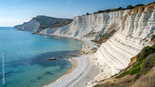 Scala dei Turchi cliffs in Sicily, Italy, with turquoise water and blue sky photo