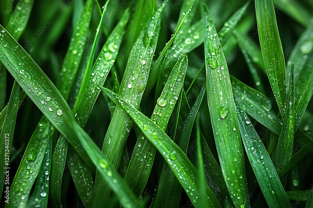 Close-up of dew-covered green grass blades in a lush garden setting, showcasing nature's freshness Close-up of dew-covered green grass blades in a lush garden setting, showcasing nature's freshness