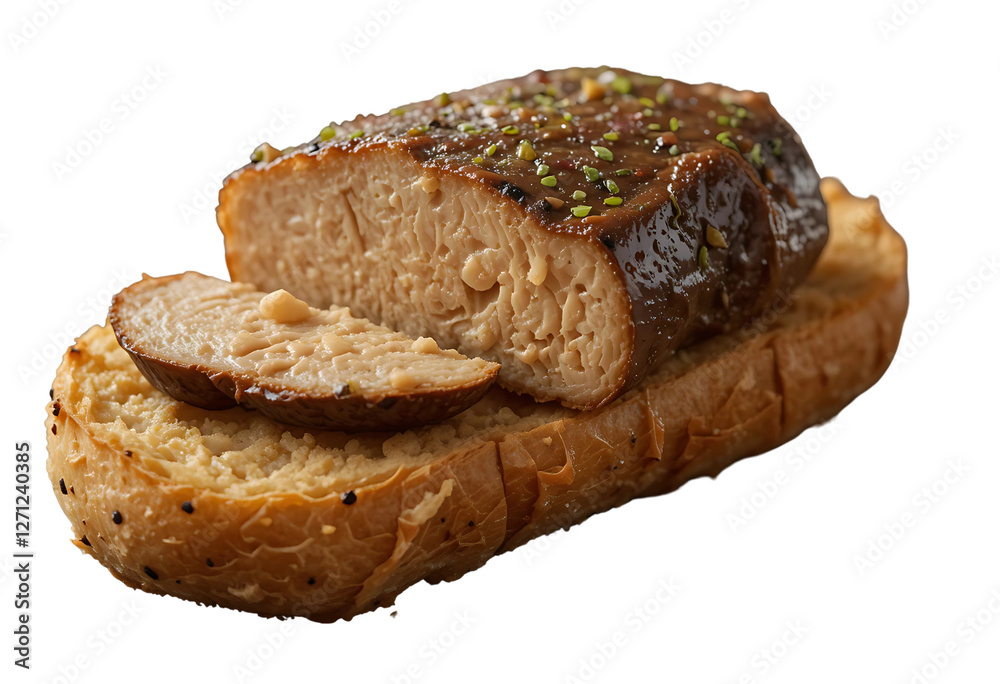 A luxurious foie gras slice atop a crispy, golden baguette. A luxurious foie gras slice atop a crispy, golden baguette.