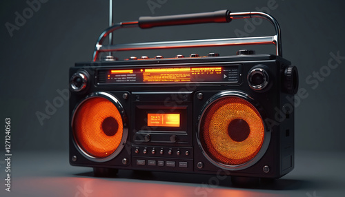 Retro boombox stereo with orange speakers. Old tape cassette player recorder radio receiver. Vintage 80s 90s style music portable pop dj equipment. Electronic tech design, musical entertainment, club