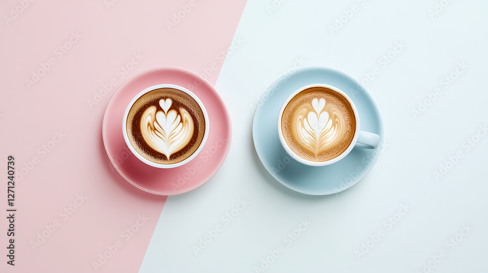 Artistic coffee pairing latte art in pink and blue cups modern aesthetic vibes top view culinary delight Artistic coffee pairing latte art in pink and blue cups modern aesthetic vibes top view culinary delight