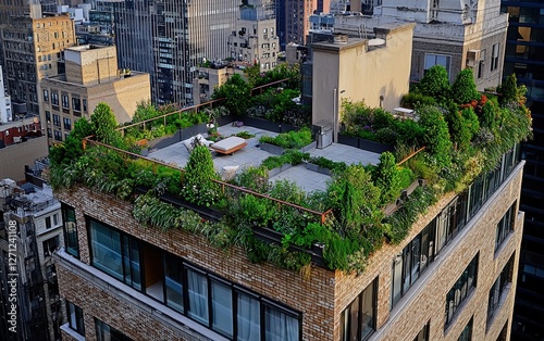 A lush rooftop garden on top of an urban building