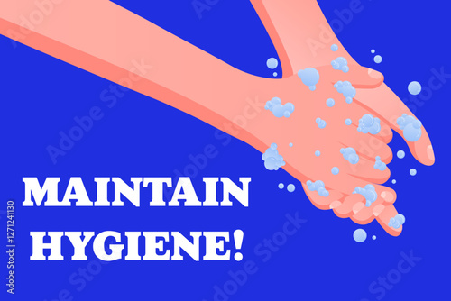 Sanitize. Personal care message, handwashing with soap, hygiene awareness, health protection, virus prevention, blue background