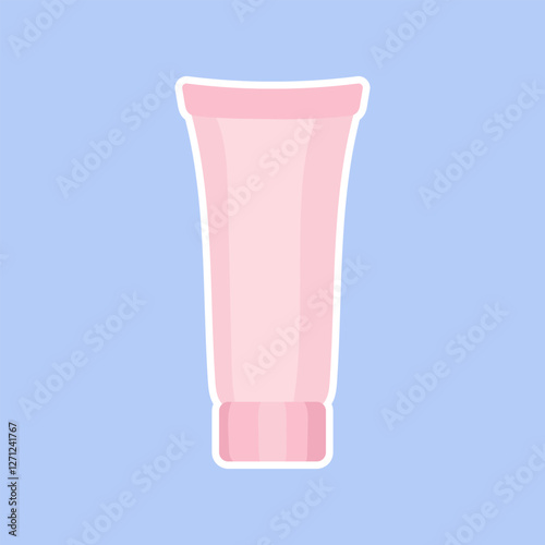 Skincare tube icon. A pink cosmetic tube on a blue background. Used for lotions, creams, moisturizers, or facial treatments in personal care and beauty routines.