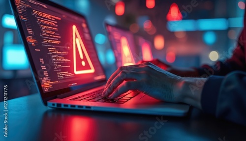 Close-up of person using laptop. Red warning sign floats on screen. Concept of security threat, data breach. Hacker types on keyboard, risk of virus attack. Digital safety, information alert.