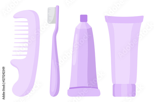 Hygiene set icon. Comb, toothbrush, toothpaste, and cosmetic tube in purple tones. Daily self-care and grooming essentials