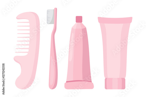 Grooming set icon. Comb, toothbrush, toothpaste, and cosmetic tube. Essentials for hygiene and personal care