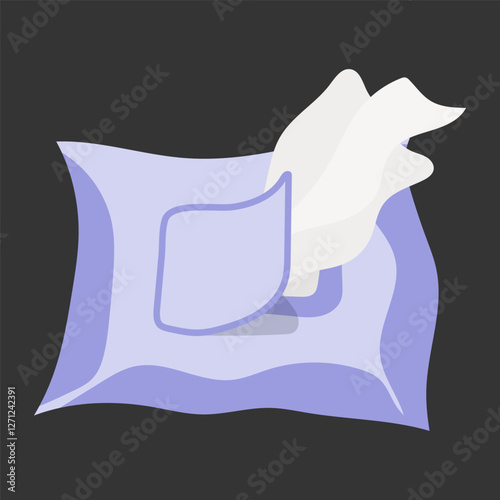 Disinfectant wipes icon. Open package with wet tissue on a dark background. Used for cleaning and sanitation.