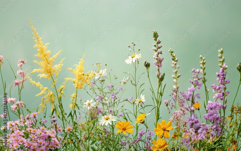 Obraz premium A mixed bouquet of wildflowers on a pastel green background