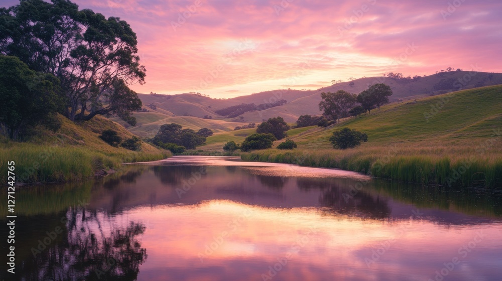 Fototapeta premium Picturesque twilight over tranquil river valley landscape creating serenity
