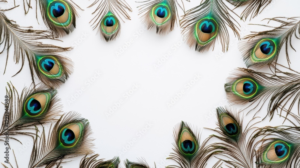 Obraz premium Vibrant Peacock Feathers Frame Elegant Nature Design White Background Copy Space