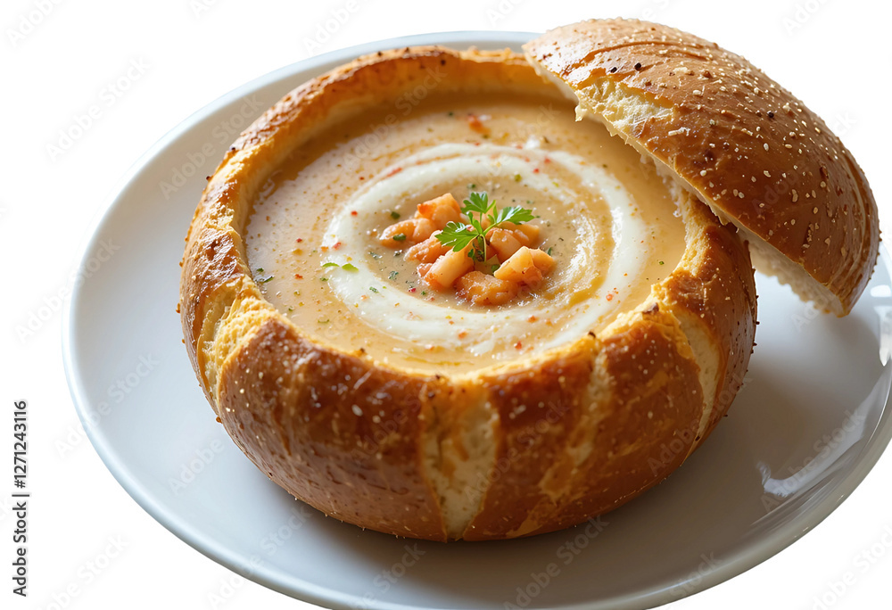 Lobster Bisque Served in a Hollowed-Out Bread Bowl – A creamy lobster bisque with a swirl of cream in a bread bowl. Lobster Bisque Served in a Hollowed-Out Bread Bowl – A creamy lobster bisque with a swirl of cream in a bread bowl.