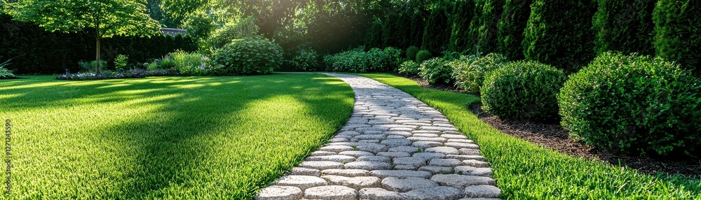 Obraz premium Serene Garden Path Lush Green Lawn Stone Walkway Landscaping Design