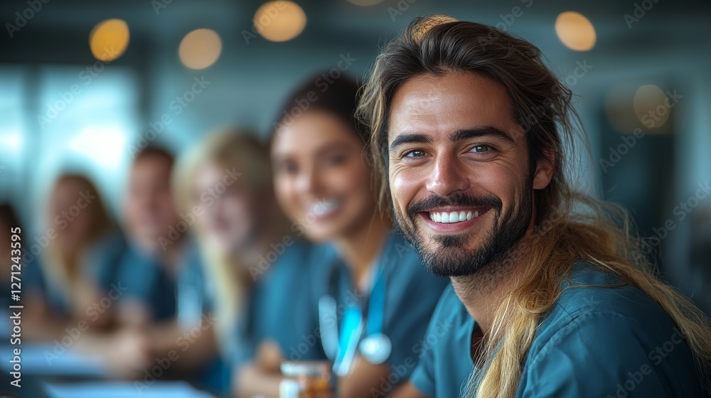 Fototapeta premium Portrait of a group of pretty young medical students, in blue scrubs inside a modern hospital.