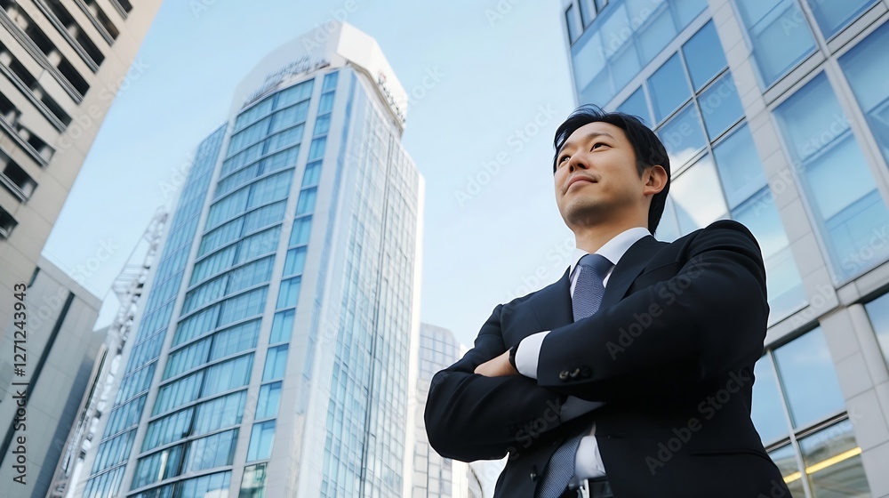 Confident businessman in a suit standing tall against an array of modern buildings showcasing ambition and success : Generative AI Confident businessman in a suit standing tall against an array of modern buildings showcasing ambition and success : Generative AI