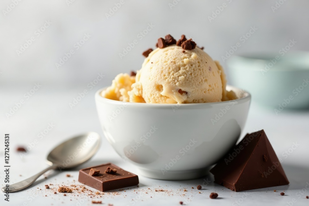 Ice cream scoop with chocolate chunk near empty bowl, coffee, chocolate Ice cream scoop with chocolate chunk near empty bowl, coffee, chocolate