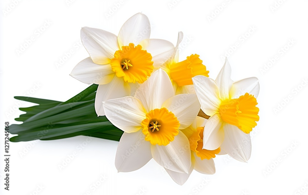 Obraz premium Beautiful Bouquet of Fresh White and Yellow Daffodils with Green Leaves on White Background