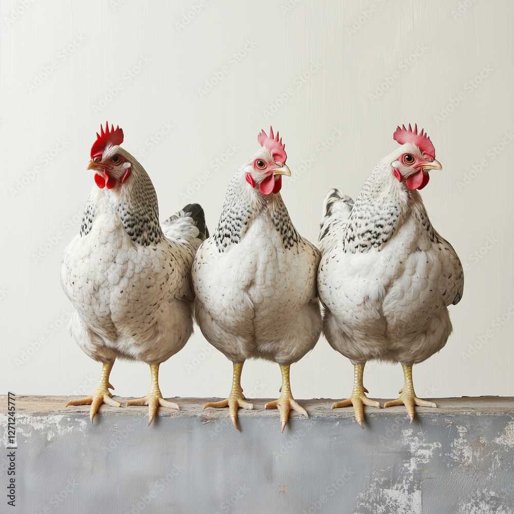 Fototapeta premium Three black-and-white hens standing in a row on a wooden surface
