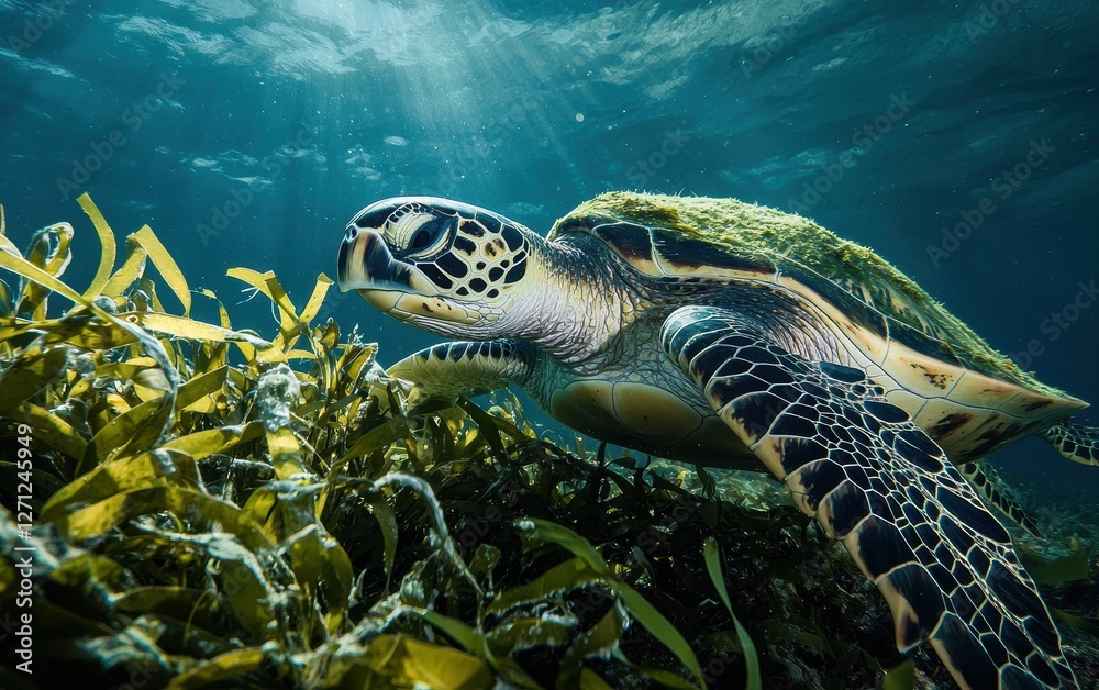 Obraz premium A sea turtle feeding on seaweed near the ocean floor