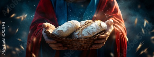 Jesus Christ holds out bread and a basket .