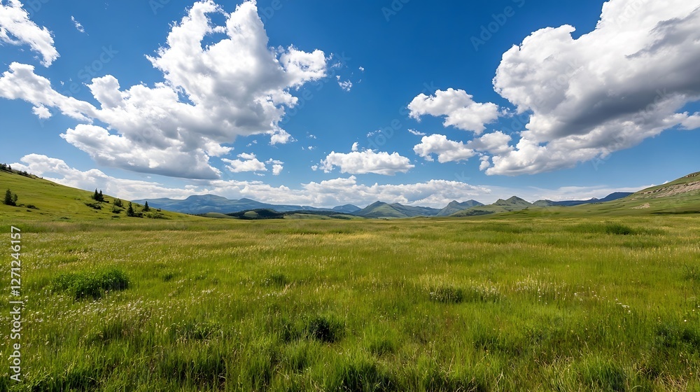 Obraz premium Expansive Green Meadow Landscape Under a Vibrant Blue Sky with Fluffy White Clouds : Generative AI