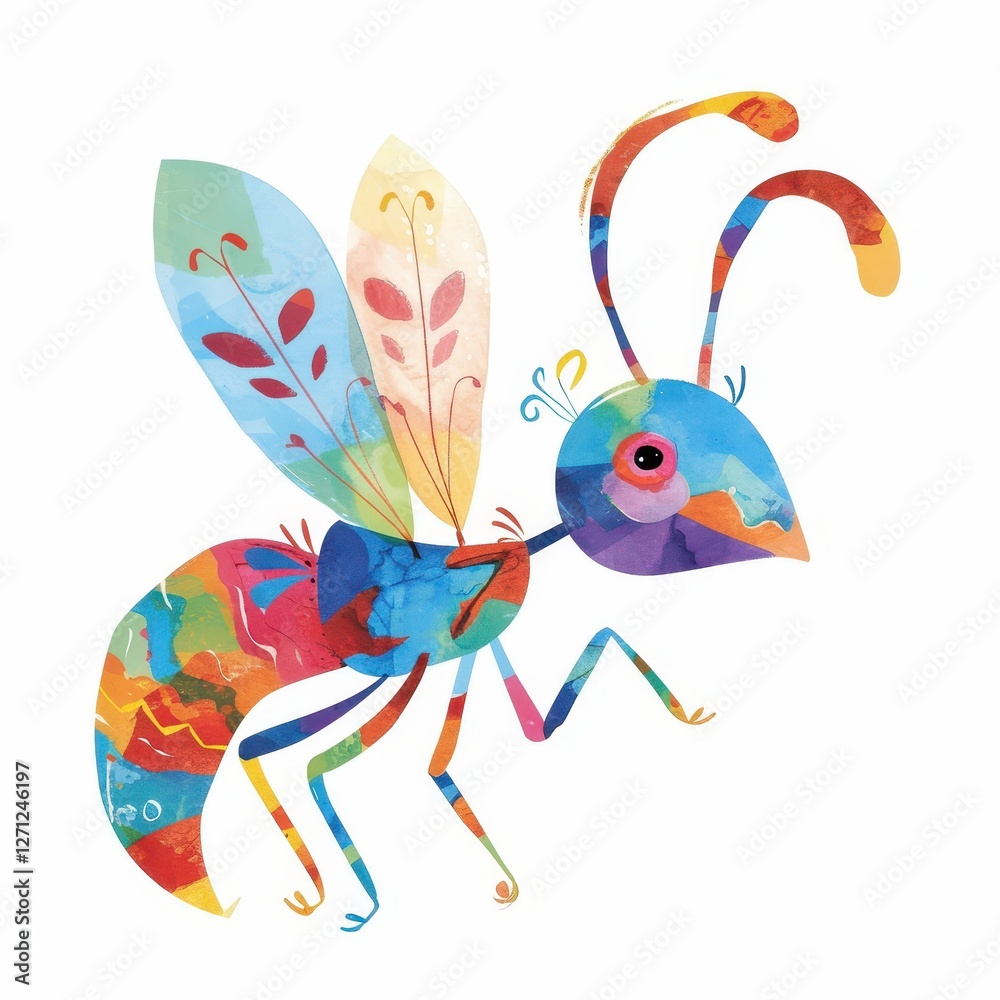 Obraz premium Vibrant Watercolor Illustration of a Colorful Cartoon Insect with Wings