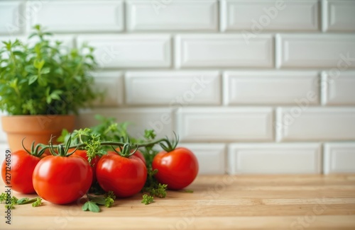 Fresh tomatoes, herbs sit on wooden countertop with white subway tile backsplash. Clean, minimalist kitchen interior. Natural light enhances colors. Copy space ideal for culinary product