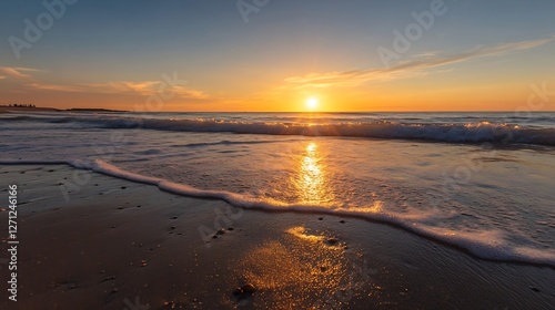 Stunning Sunset Over Calm Ocean Waves Reflecting the Golden Light of the Sun : Generative AI photo