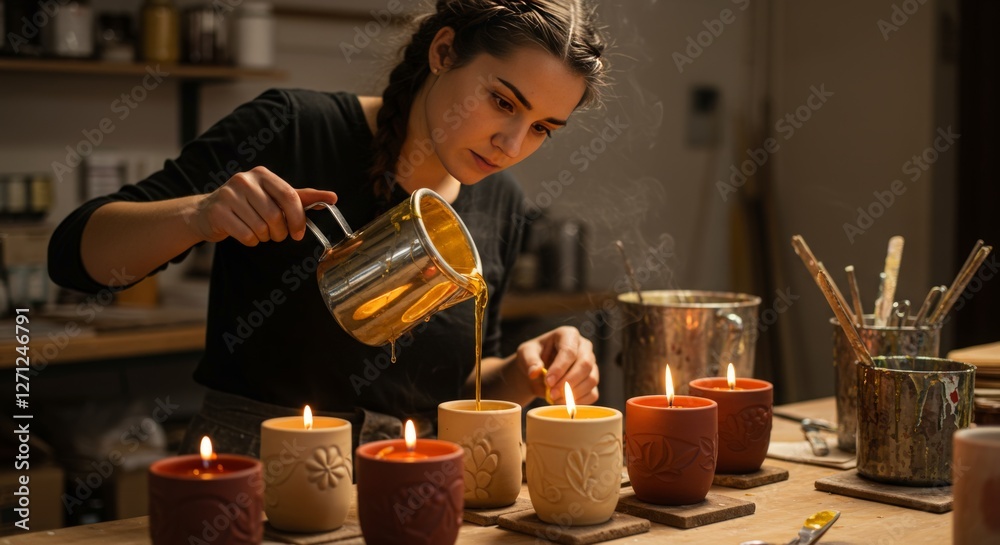 A candle maker pouring wax into molds, capturing the fluid motion and glow of creativity