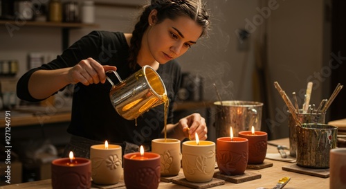 Obraz na płótnie A candle maker pouring wax into molds, capturing the fluid motion and glow of creativity w salonie