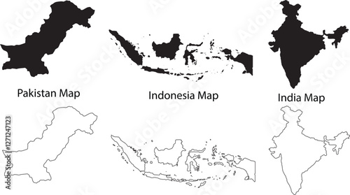 Set of three countries maps Pakistan Indonesia and India with black fill and outline isolated on transparent white background
