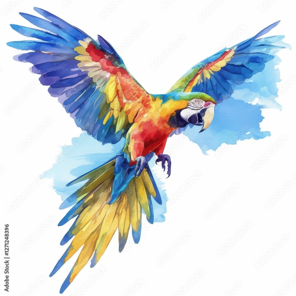 Obraz premium Vibrant Scarlet Macaw in Flight Watercolor Style Tropical Bird Artwork