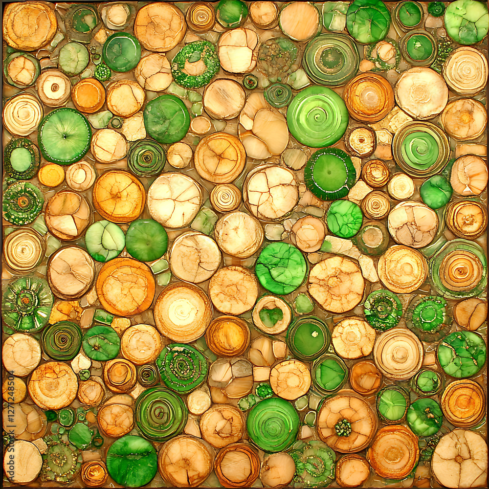 Natural Mosaic with Green and Brown Wooden Slices Arranged in Square Decorative Pattern Natural Mosaic with Green and Brown Wooden Slices Arranged in Square Decorative Pattern
