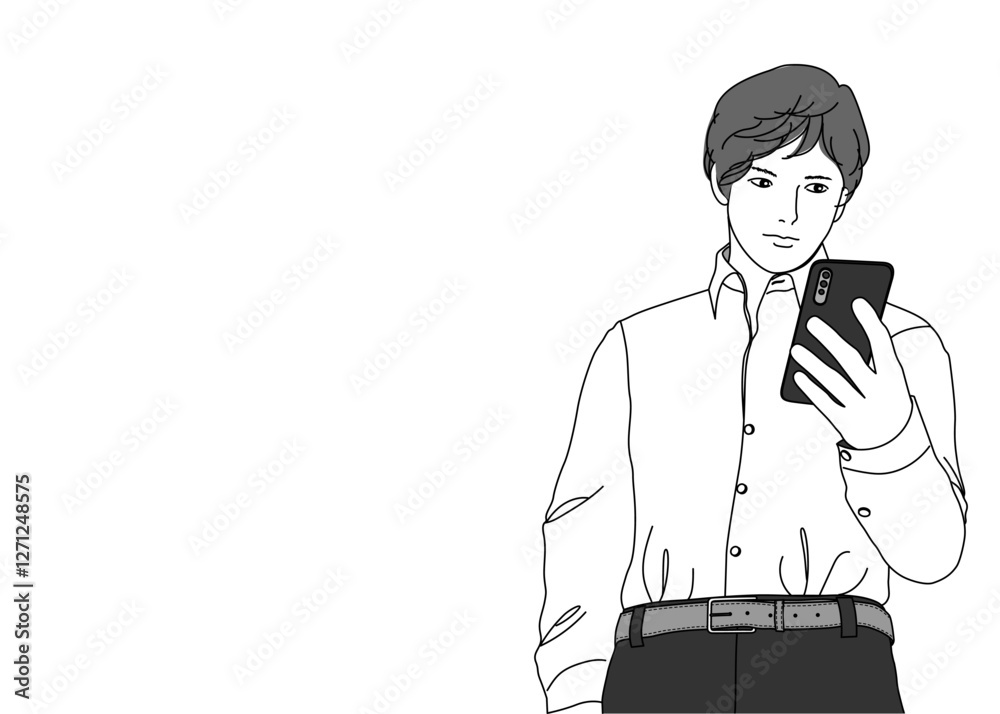 スマホを見ているビジネスマン男性のモノクロのイラスト 上半身正面