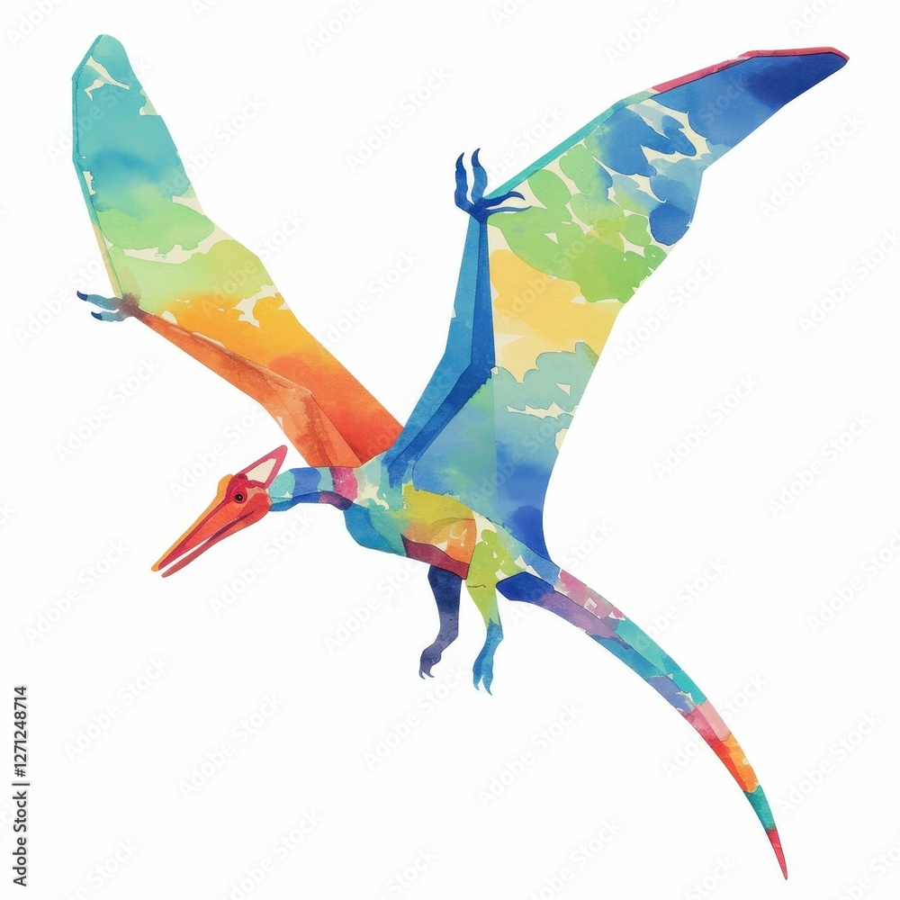 Fototapeta premium Vibrant Watercolor Pterodactyl Dinosaur Soaring in Flight Artistic Illustration