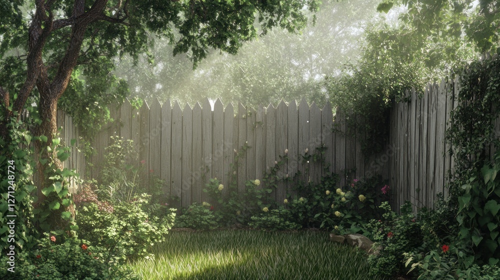 Fototapeta premium Sunlit Secret Garden with Wooden Fence, Lush Greenery, and Flowers.