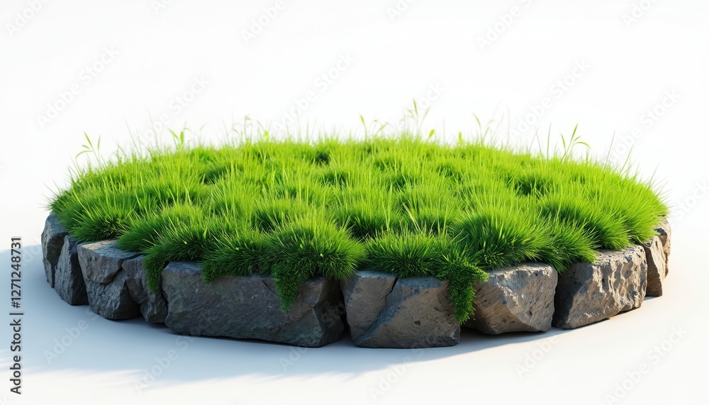 Illustration of grassy circle on stones isolated on white. Round soil ground section covered bright green grass lawn. Garden earth land layer. Ecology environment concept. Mockup with plant, herbs. Illustration of grassy circle on stones isolated on white. Round soil ground section covered bright green grass lawn. Garden earth land layer. Ecology environment concept. Mockup with plant, herbs.