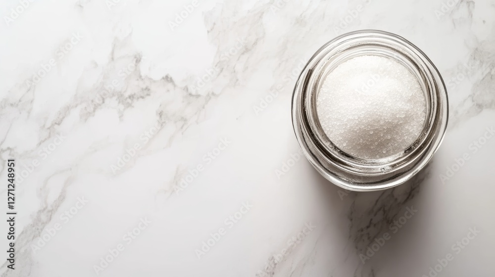 Elegant Glass Jar of Salt on Marble Surface Top-Down View with Copy Space Elegant Glass Jar of Salt on Marble Surface Top-Down View with Copy Space