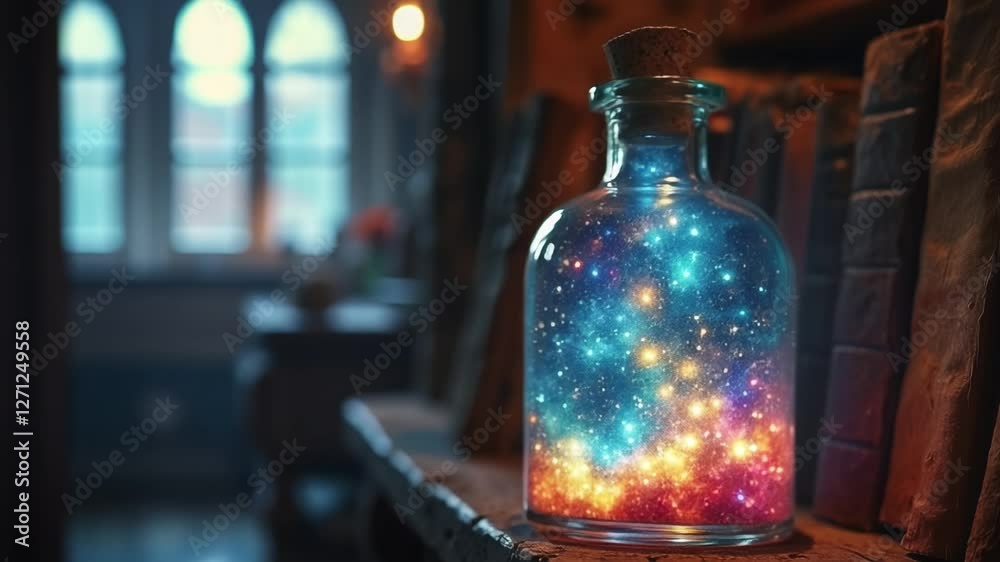 A glowing magical bottle made of stars and galaxies sat on a shelf, in an old dusty bookshop