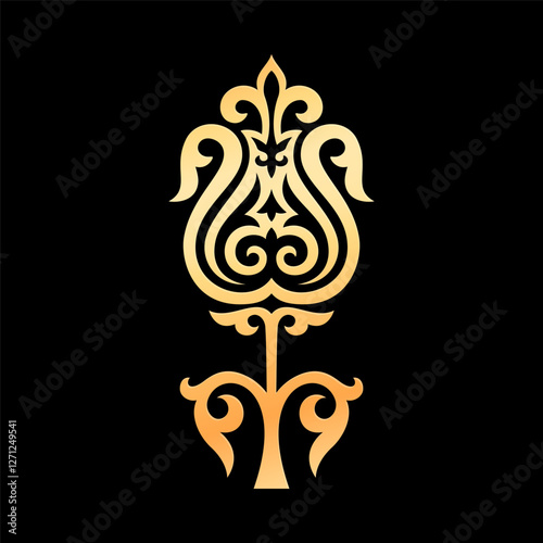 Vector illustration of flower. Spring tulip decorated traditional kazakh ornament, asian nomads of great steppe style. Design element for Nauryz greeting card and ethnic patterns