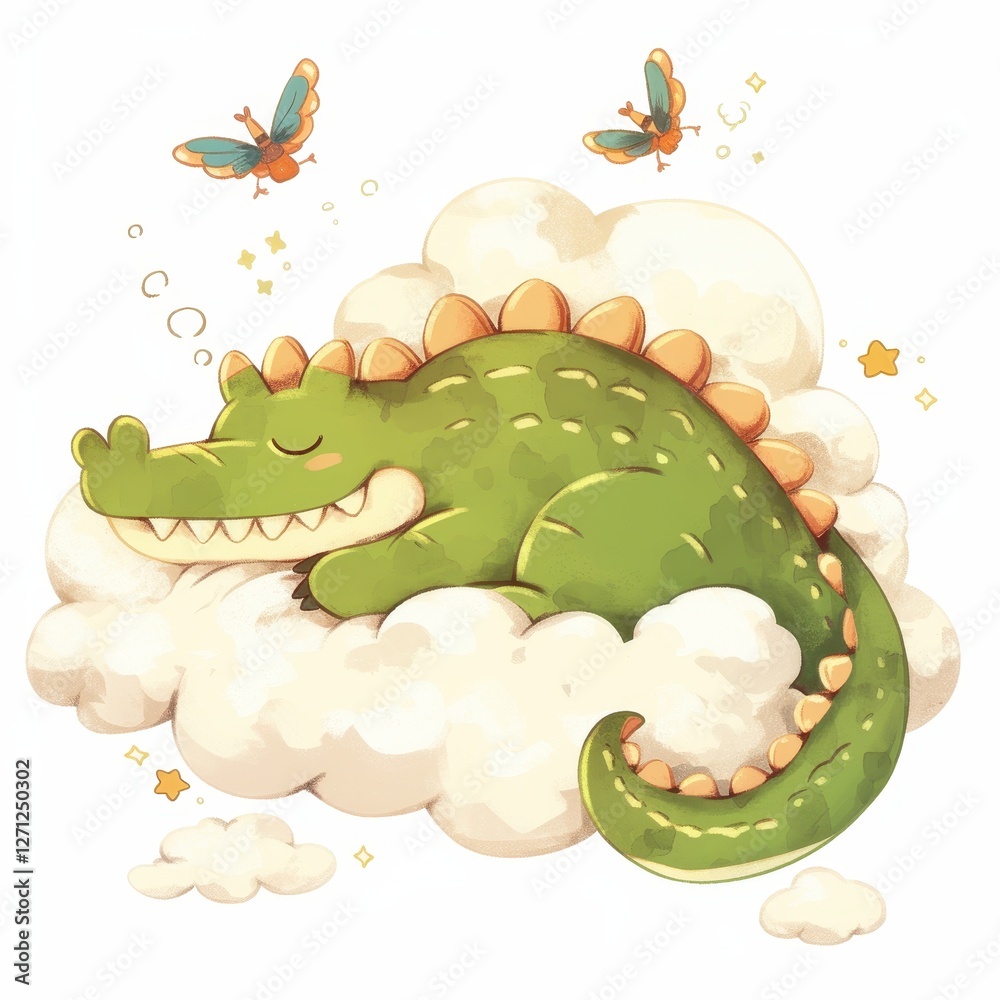 Adorable Baby Dinosaur Sleeping on a Cloud with Butterflies Cute Cartoon Illustration Adorable Baby Dinosaur Sleeping on a Cloud with Butterflies Cute Cartoon Illustration